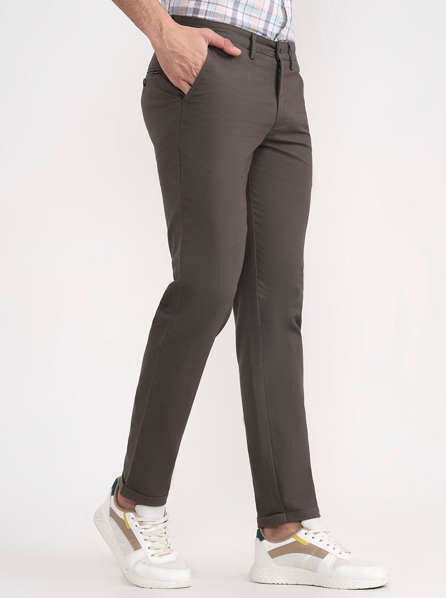 Olive Grey Solid Slim Fit Casual Trouser | Greenfibre