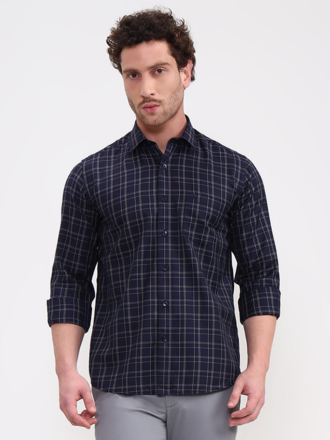 Navy Blue Checked Smart Fit Semi Casual Shirt | Greenfibre