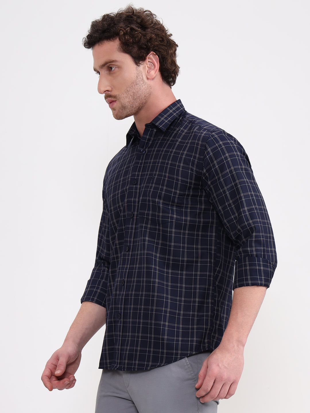 Navy Blue Checked Smart Fit Semi Casual Shirt | Greenfibre