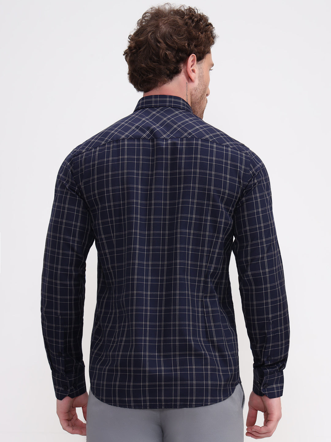 Navy Blue Checked Smart Fit Semi Casual Shirt | Greenfibre