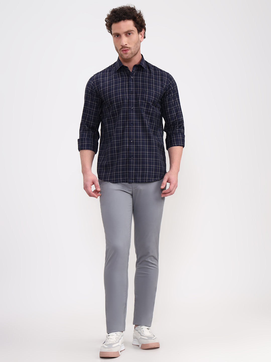 Navy Blue Checked Smart Fit Semi Casual Shirt | Greenfibre