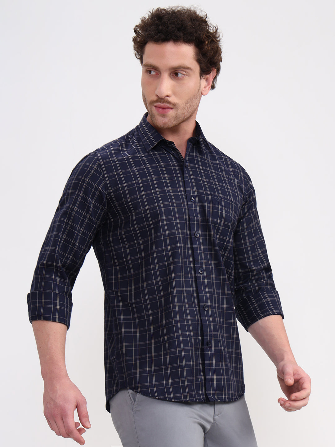 Navy Blue Checked Smart Fit Semi Casual Shirt | Greenfibre