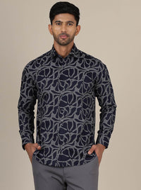 Navy Blue Printed Slim Fit Party Wear Shirt | Greenfibre