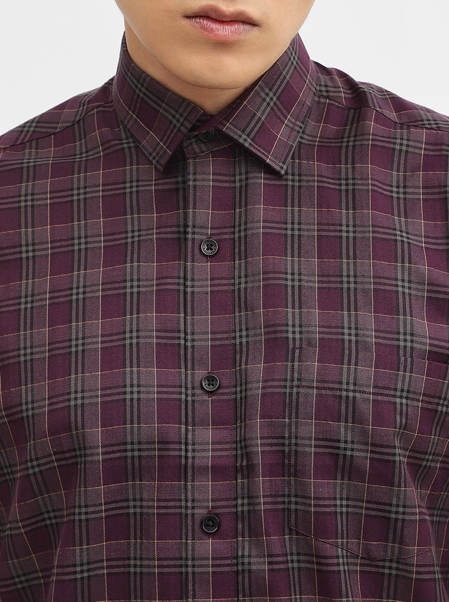 Violet Purple Checked Tailored Fit Semi Casual Shirt | Greenfibre