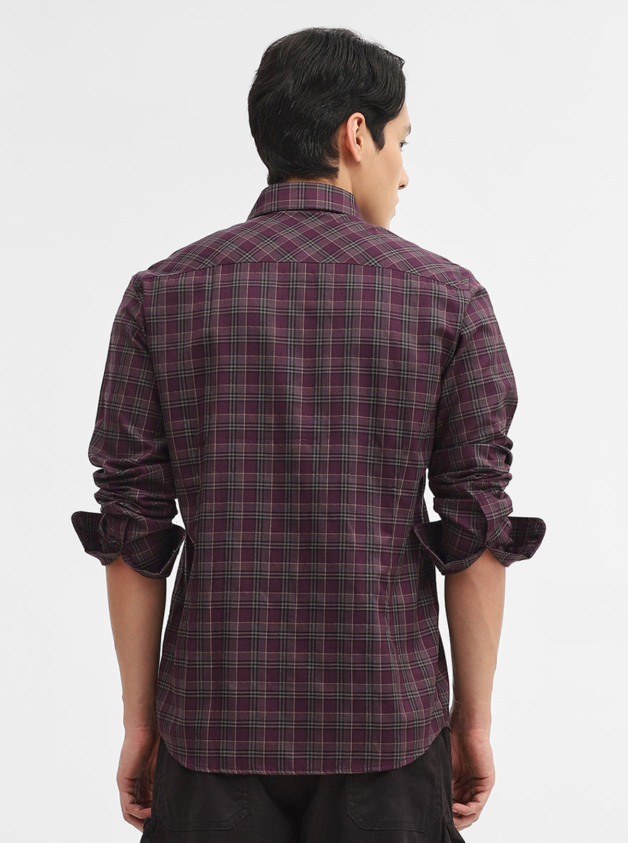Violet Purple Checked Tailored Fit Semi Casual Shirt | Greenfibre