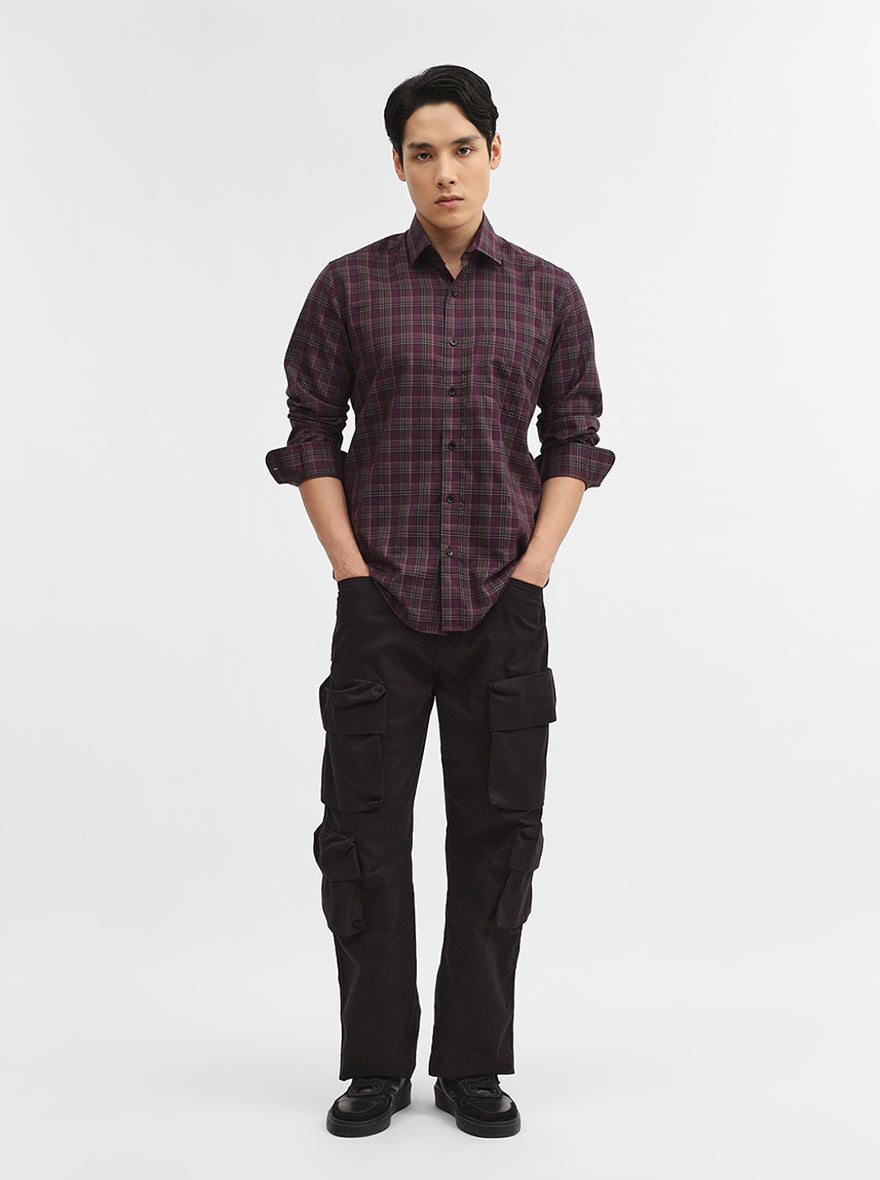 Violet Purple Checked Tailored Fit Semi Casual Shirt | Greenfibre
