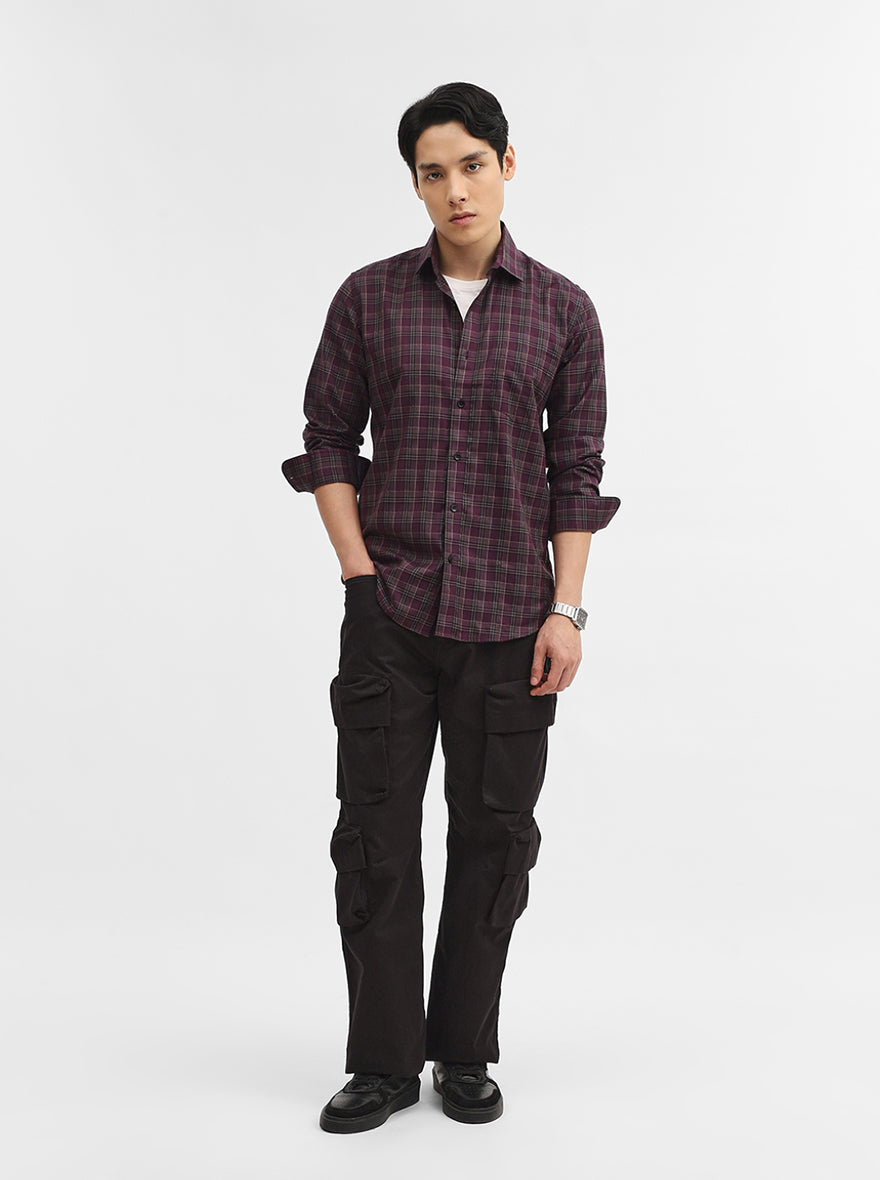 Violet Purple Checked Tailored Fit Semi Casual Shirt | Greenfibre