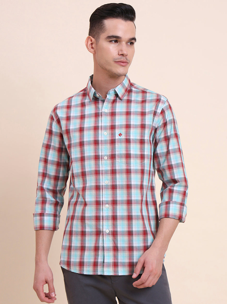 Red Checked Slim Fit Casual Shirt | Greenfibre