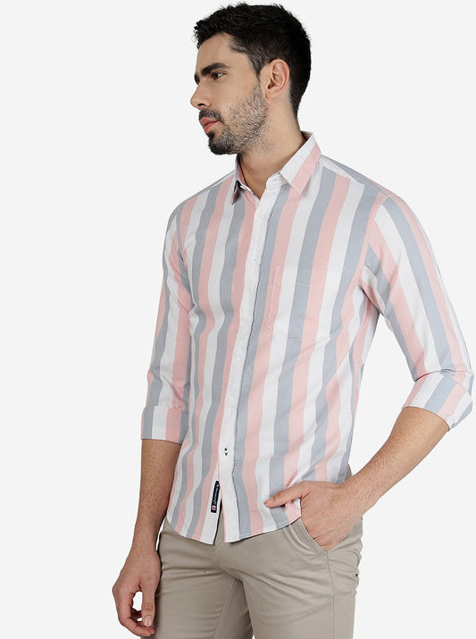 Coral Pink Striped Slim Fit Casual Shirt | Greenfibre