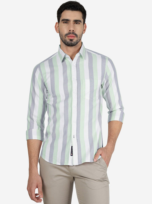 Grey & Green Striped Slim Fit Casual Shirt | Greenfibre