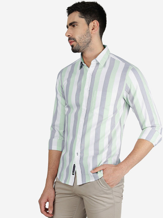 Grey & Green Striped Slim Fit Casual Shirt | Greenfibre
