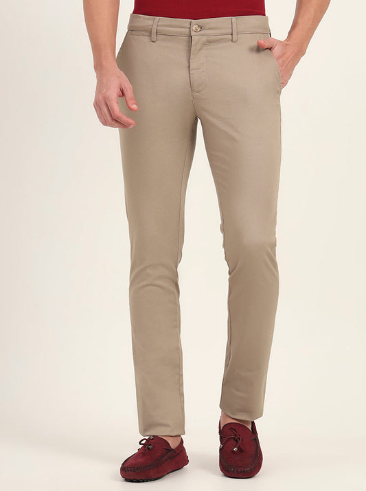 Khaki Solid Super Slim Fit Casual Trouser | Greenfibre