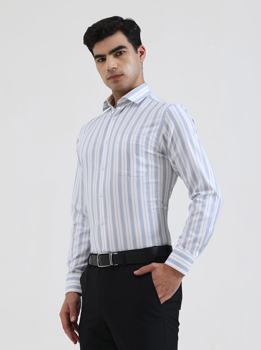White & Blue Striped Slim Fit Formal Shirt | Greenfibre
