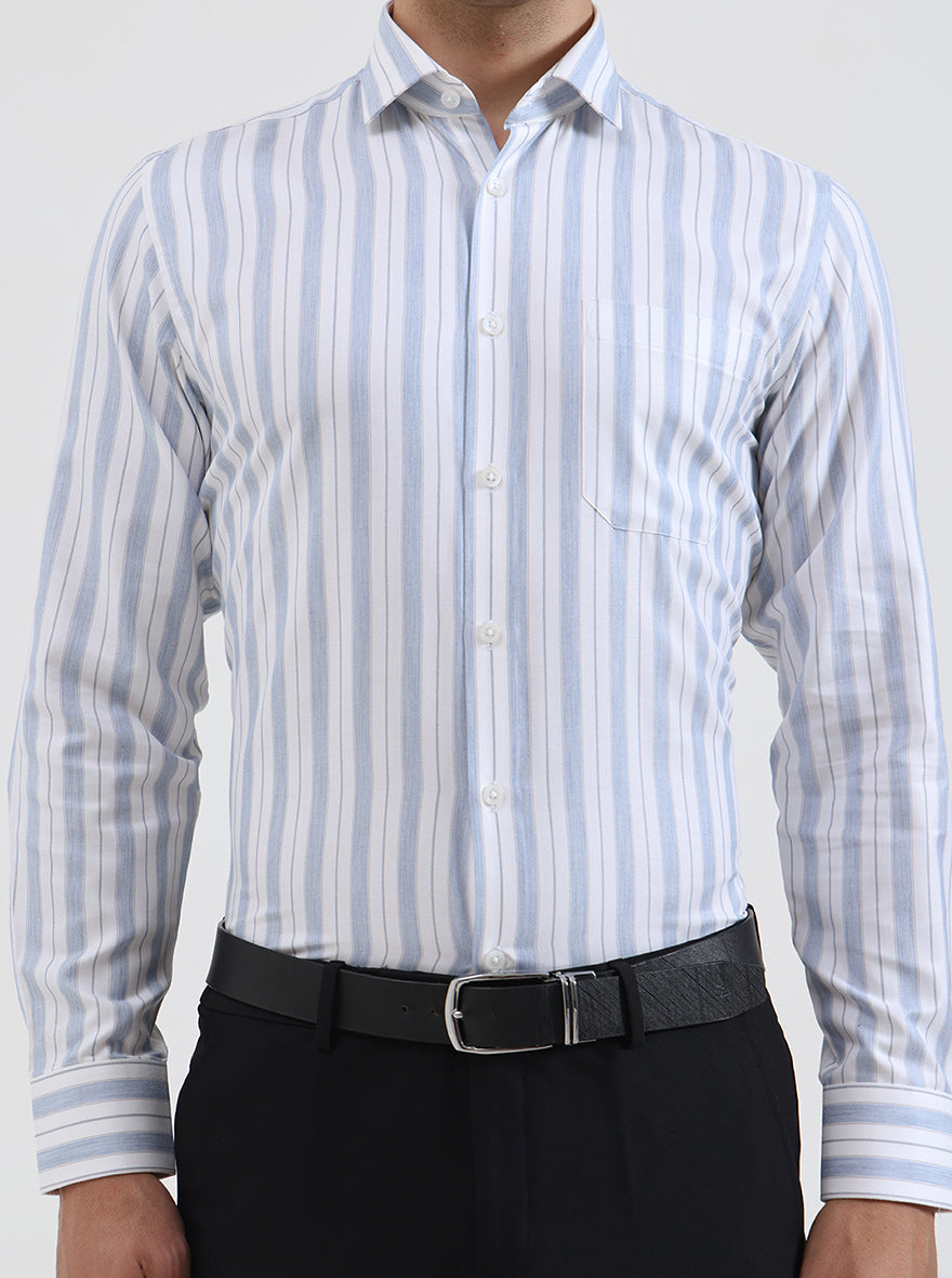 White & Blue Striped Slim Fit Formal Shirt | Greenfibre