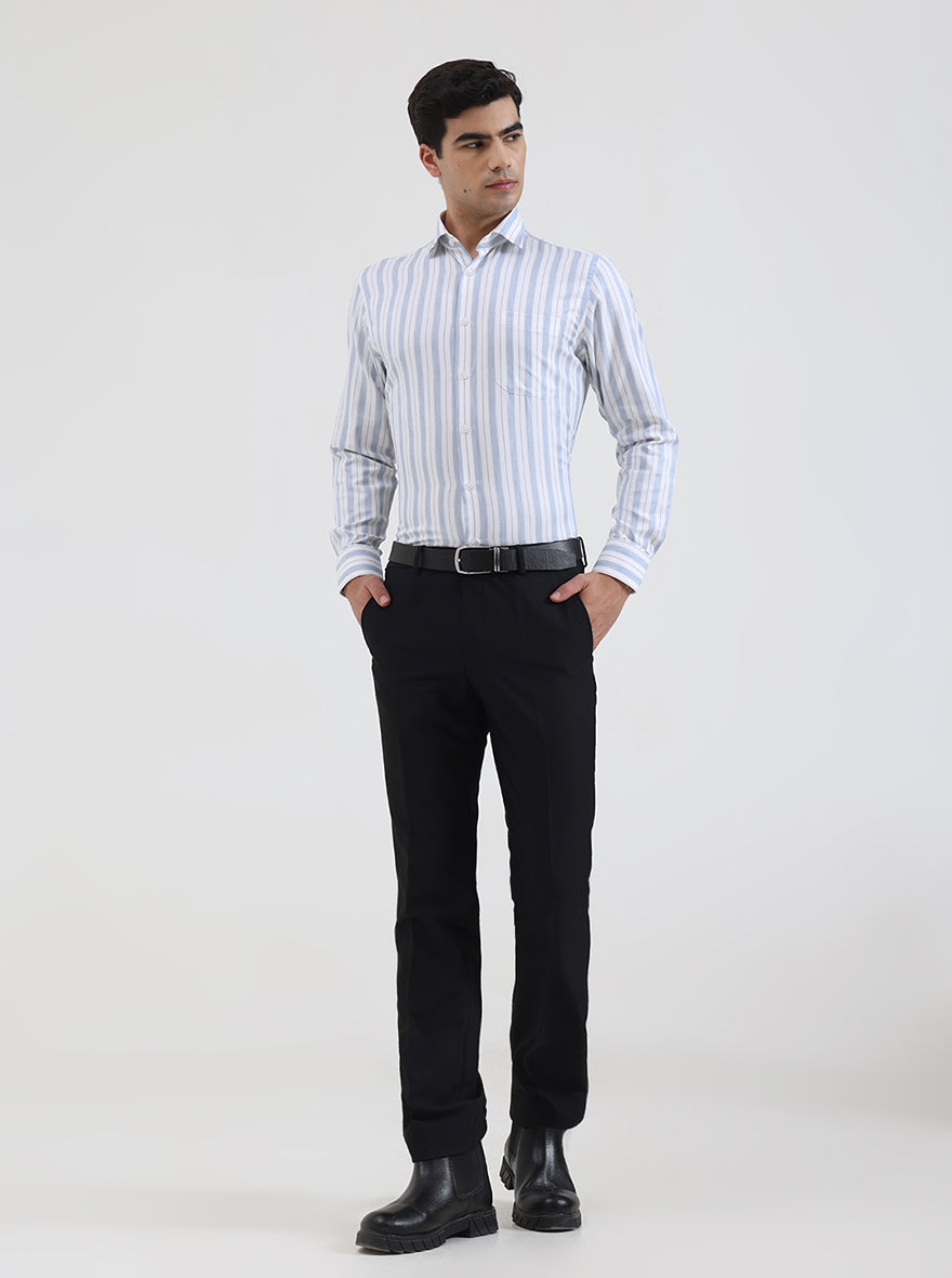 White & Blue Striped Slim Fit Formal Shirt | Greenfibre