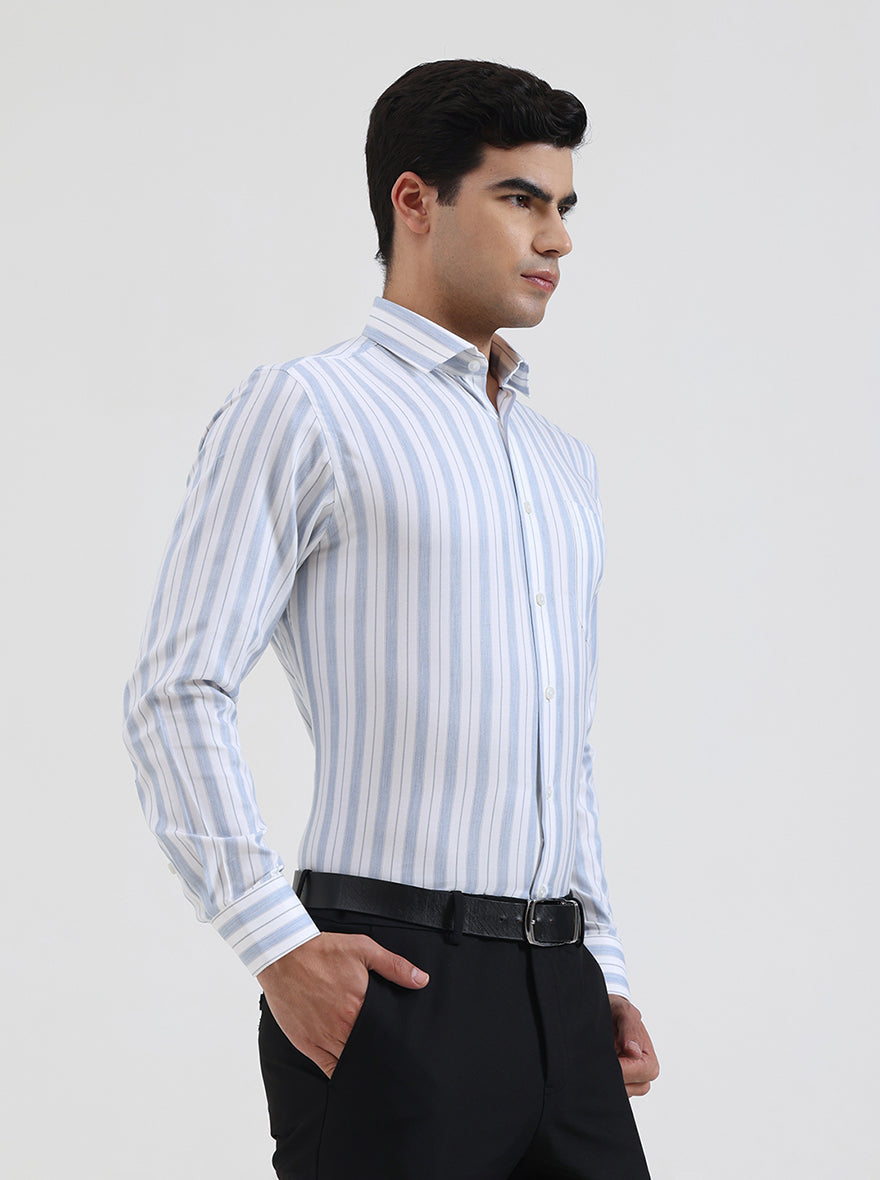 White & Blue Striped Slim Fit Formal Shirt | Greenfibre
