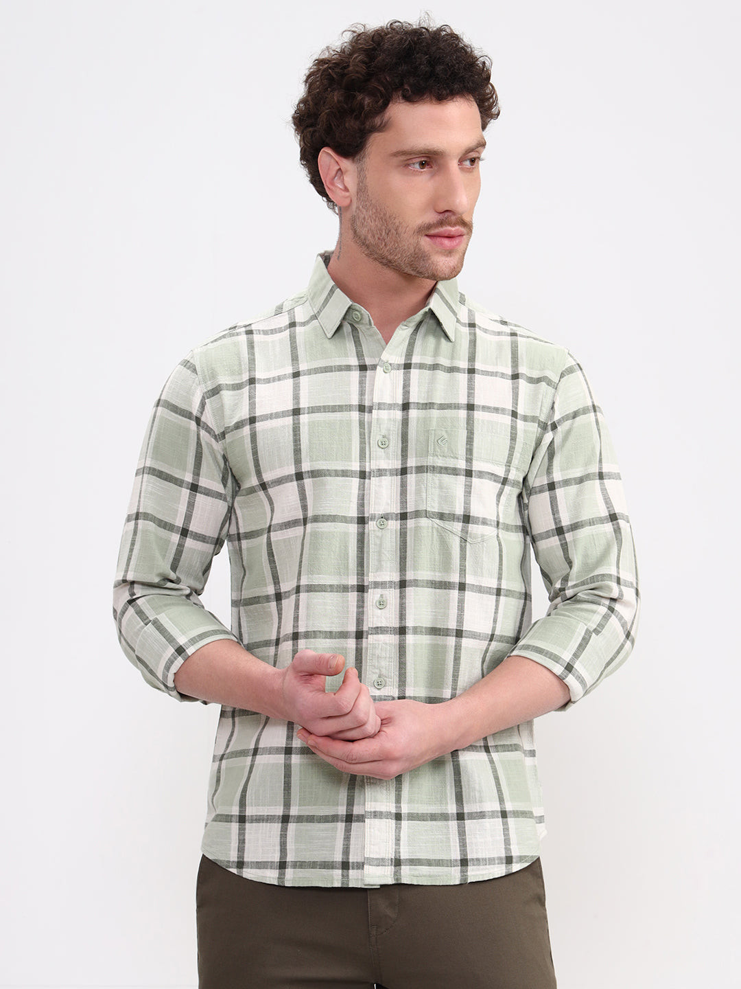 Green Checked Slim Fit Casual Shirt | Greenfibre