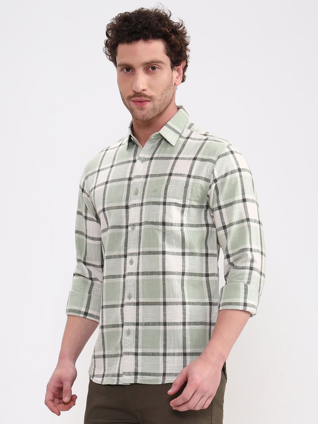 Green Checked Slim Fit Casual Shirt | Greenfibre