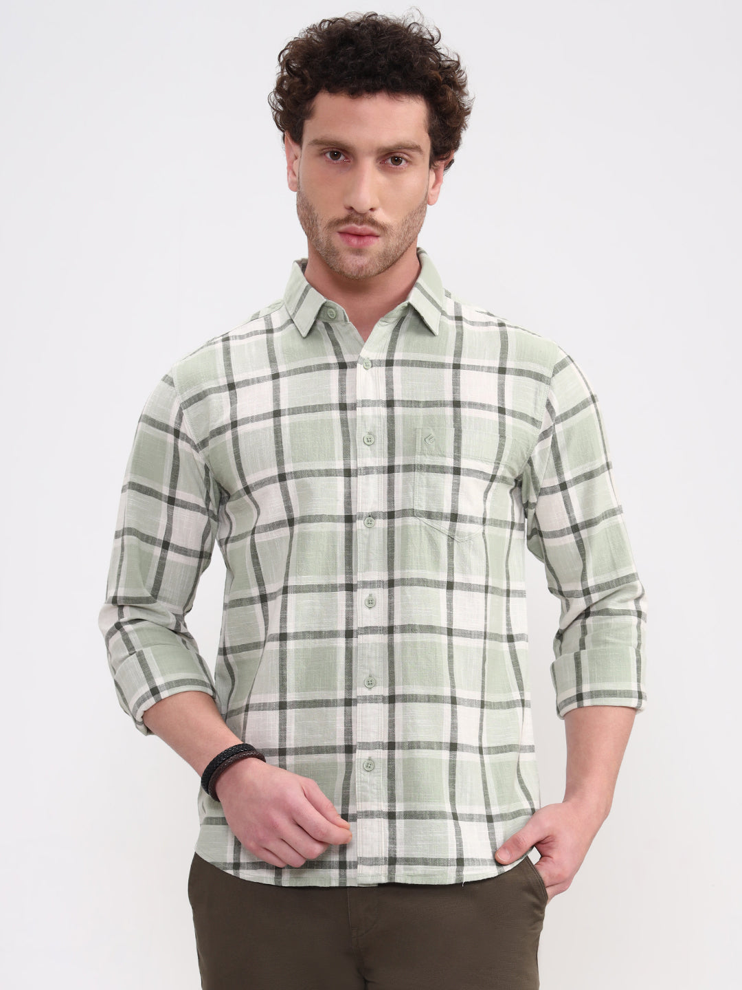 Green Checked Slim Fit Casual Shirt | Greenfibre