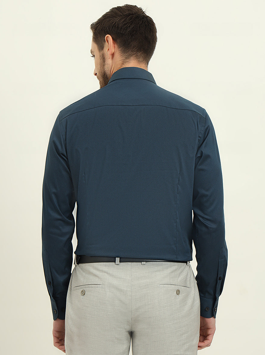 Peacock Blue Printed Slim Fit Formal Shirt | Metal