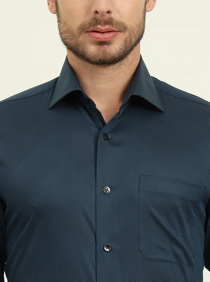 Peacock Blue Printed Slim Fit Formal Shirt | Metal