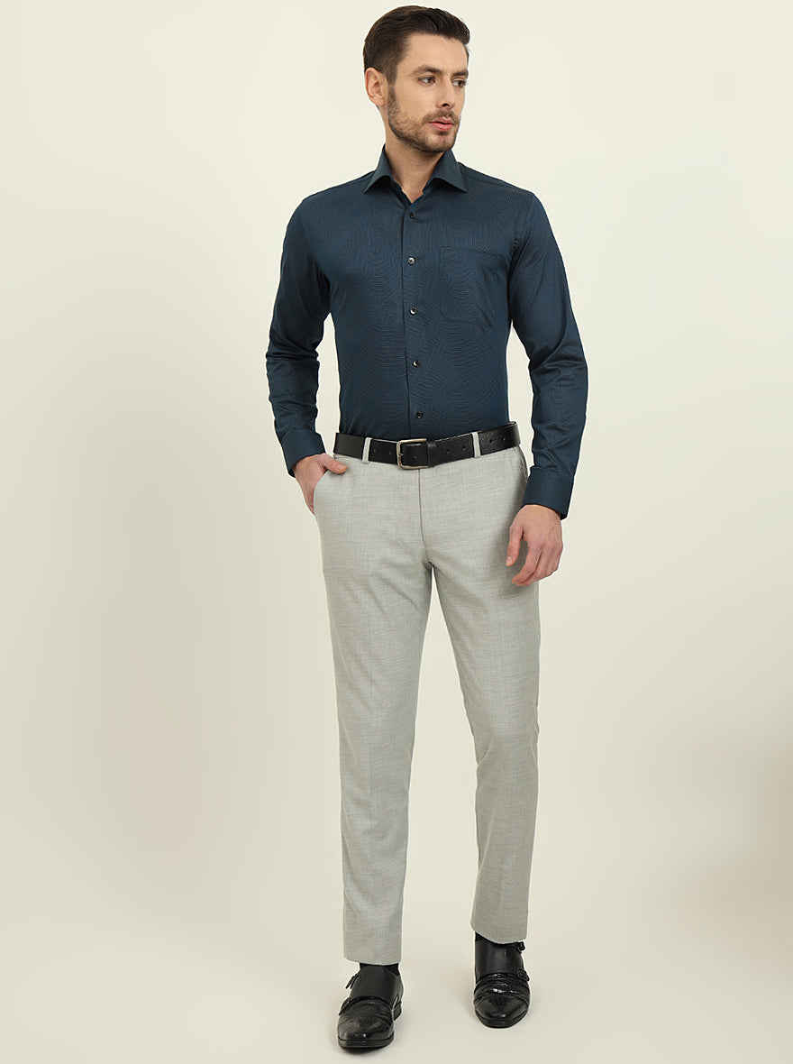 Peacock Blue Printed Slim Fit Formal Shirt | Metal