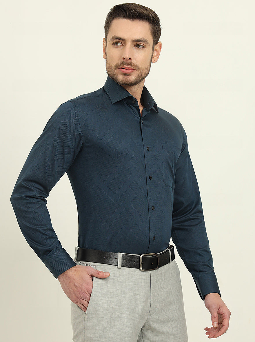 Peacock Blue Printed Slim Fit Formal Shirt | Metal