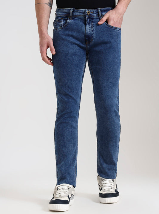 Mid Indigo Blue Washed Narrow Fit Jeans | Greenfibre