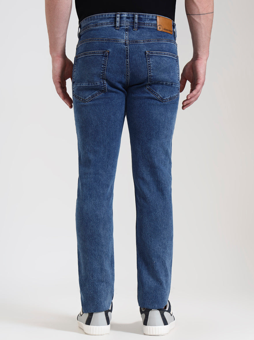 Mid Indigo Blue Washed Narrow Fit Jeans | Greenfibre