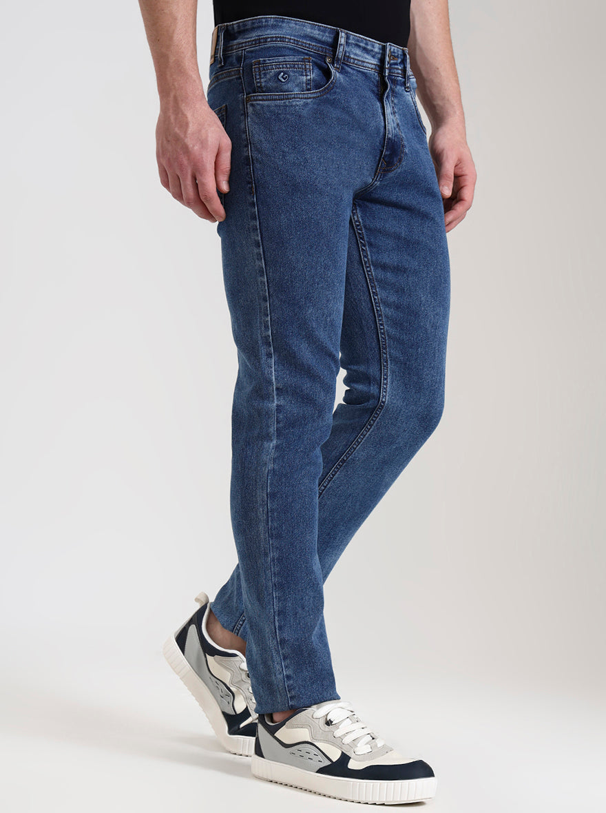 Mid Indigo Blue Washed Narrow Fit Jeans | Greenfibre