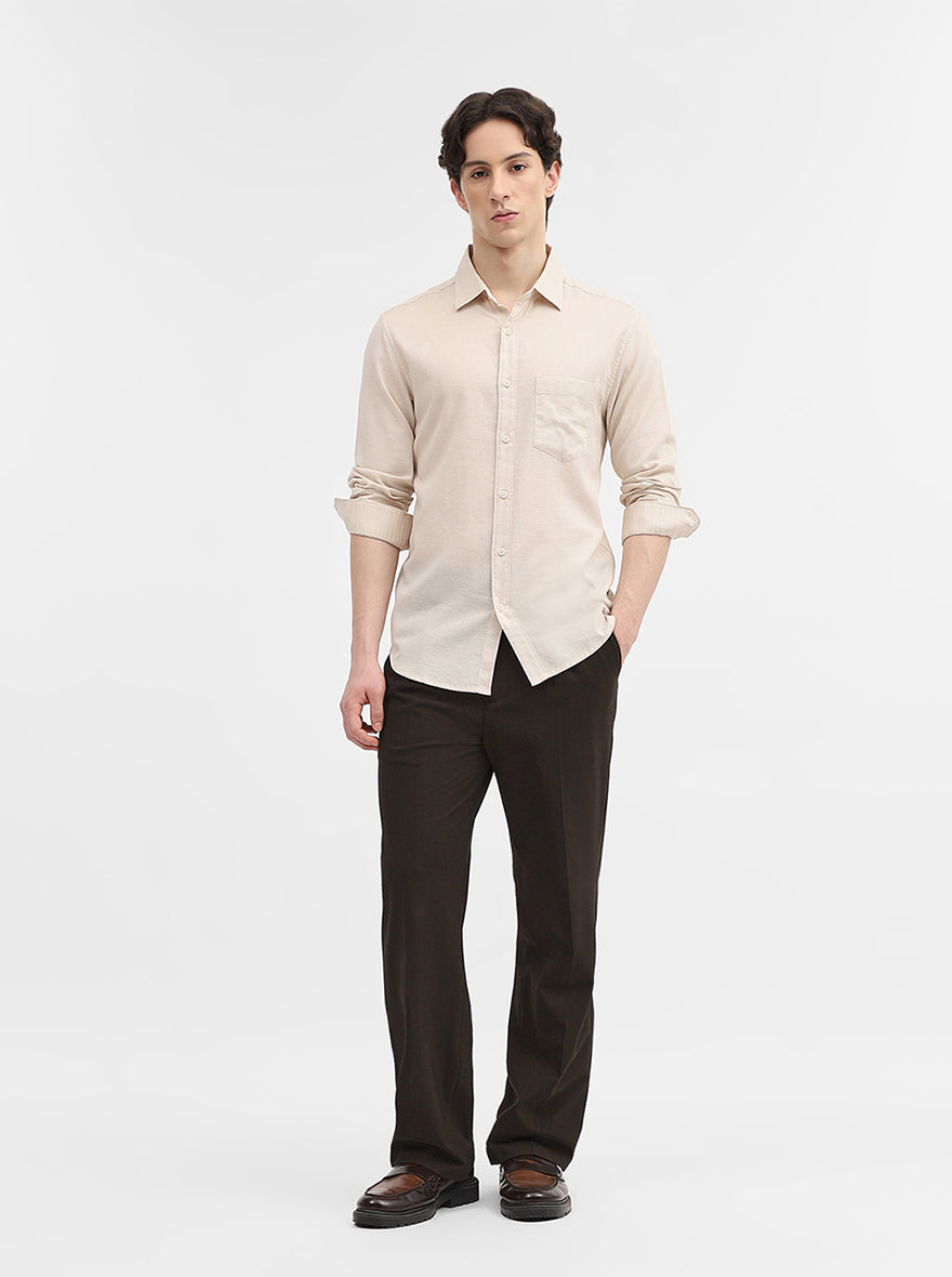Oatmeal Beige Solid Slim Fit Casual Shirt | Greenfibre