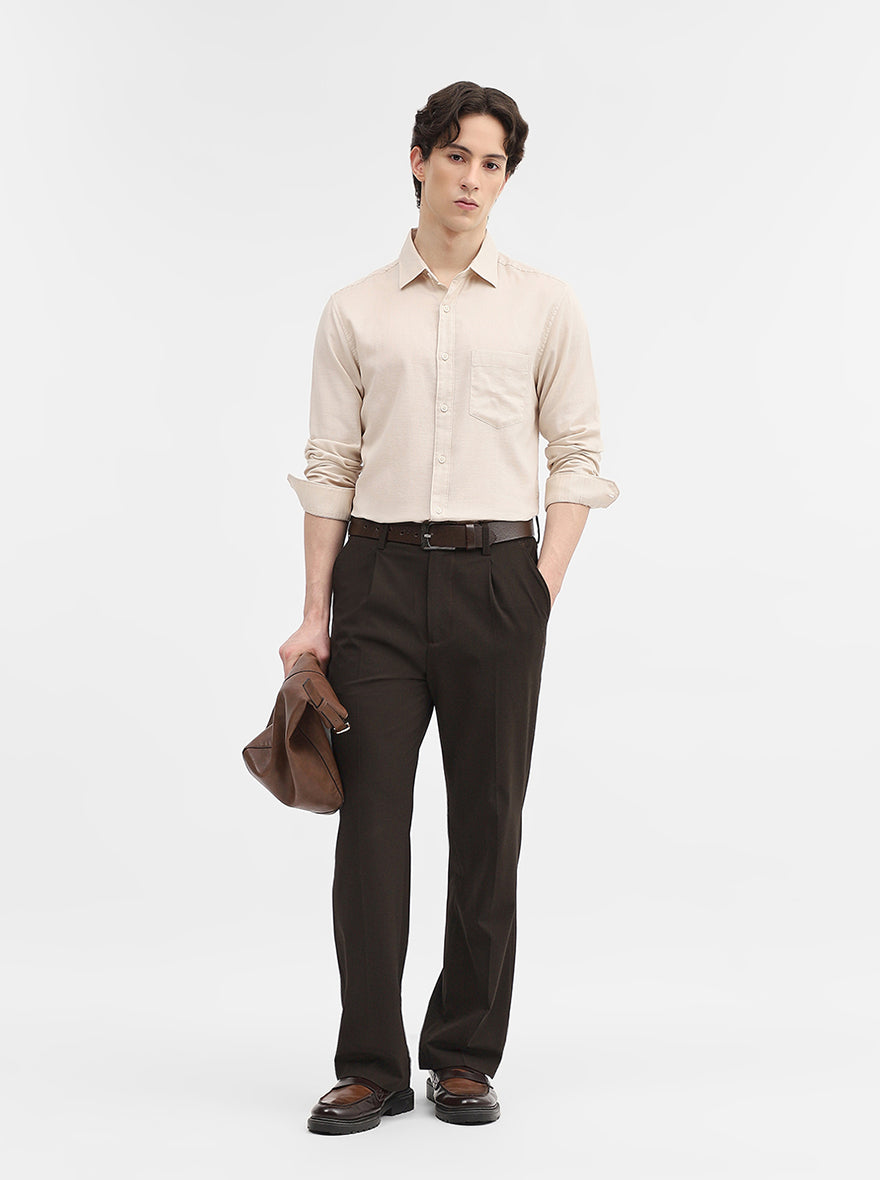 Oatmeal Beige Solid Slim Fit Casual Shirt | Greenfibre