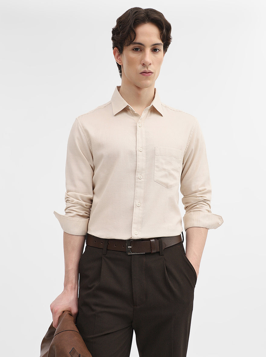 Oatmeal Beige Solid Slim Fit Casual Shirt | Greenfibre