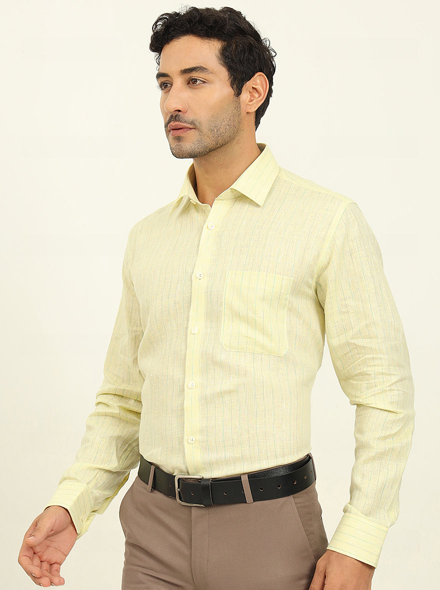 Lemon Yellow Striped Regular Fit Formal Shirt | JadeBlue