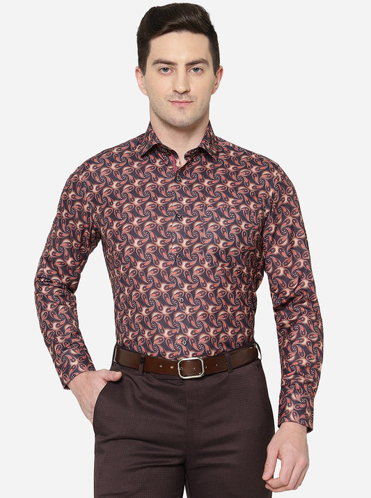 Brown & Orange Printed Slim Fit Party Wear Shirt | Greenfibre