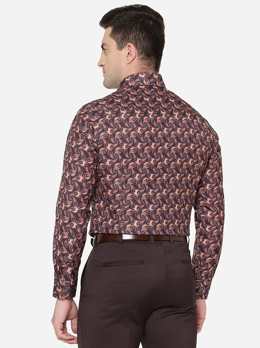 Brown & Orange Printed Slim Fit Party Wear Shirt | Greenfibre