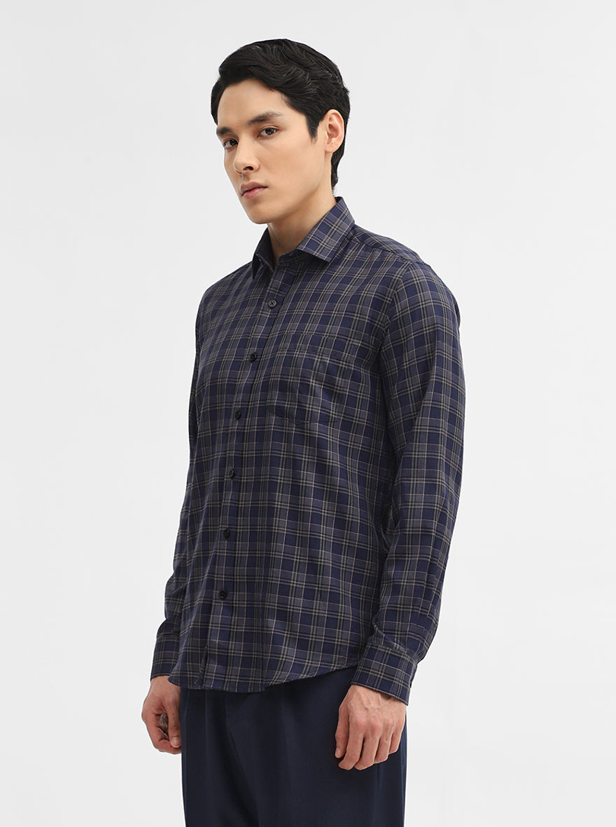 Navy Blue Checked Tailored Fit Semi Casual Shirt | Greenfibre