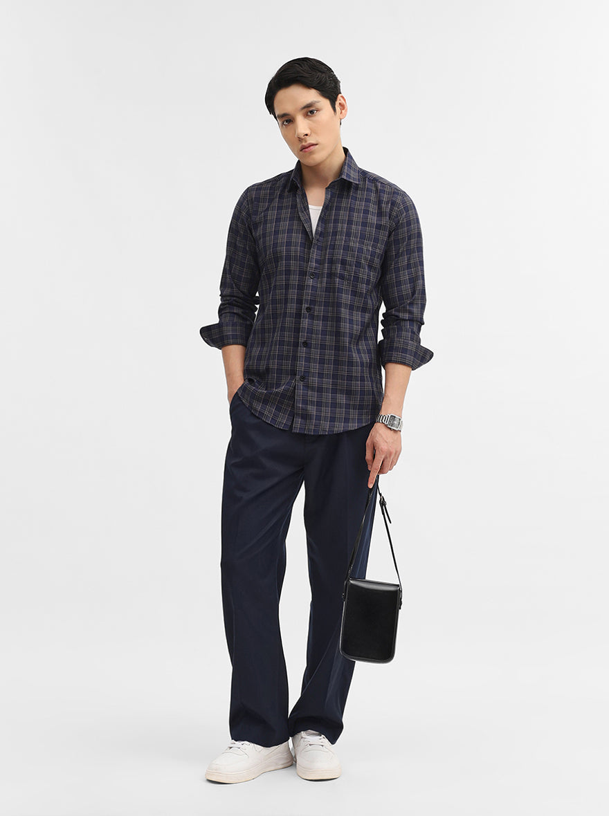 Navy Blue Checked Tailored Fit Semi Casual Shirt | Greenfibre