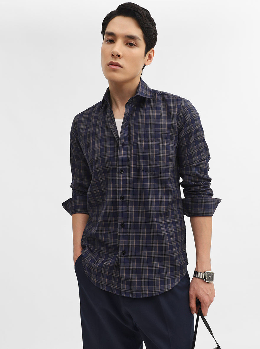 Navy Blue Checked Tailored Fit Semi Casual Shirt | Greenfibre