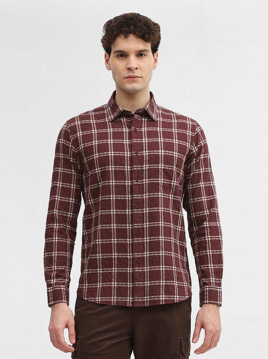 Maroon Checked Slim Fit Casual Shirt | Greenfibre