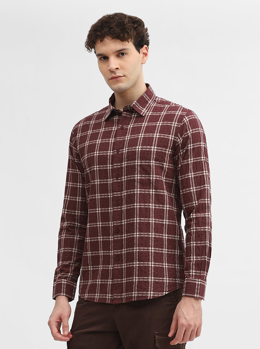 Maroon Checked Slim Fit Casual Shirt | Greenfibre
