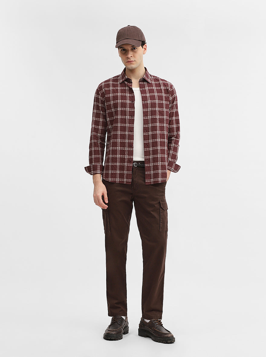 Maroon Checked Slim Fit Casual Shirt | Greenfibre