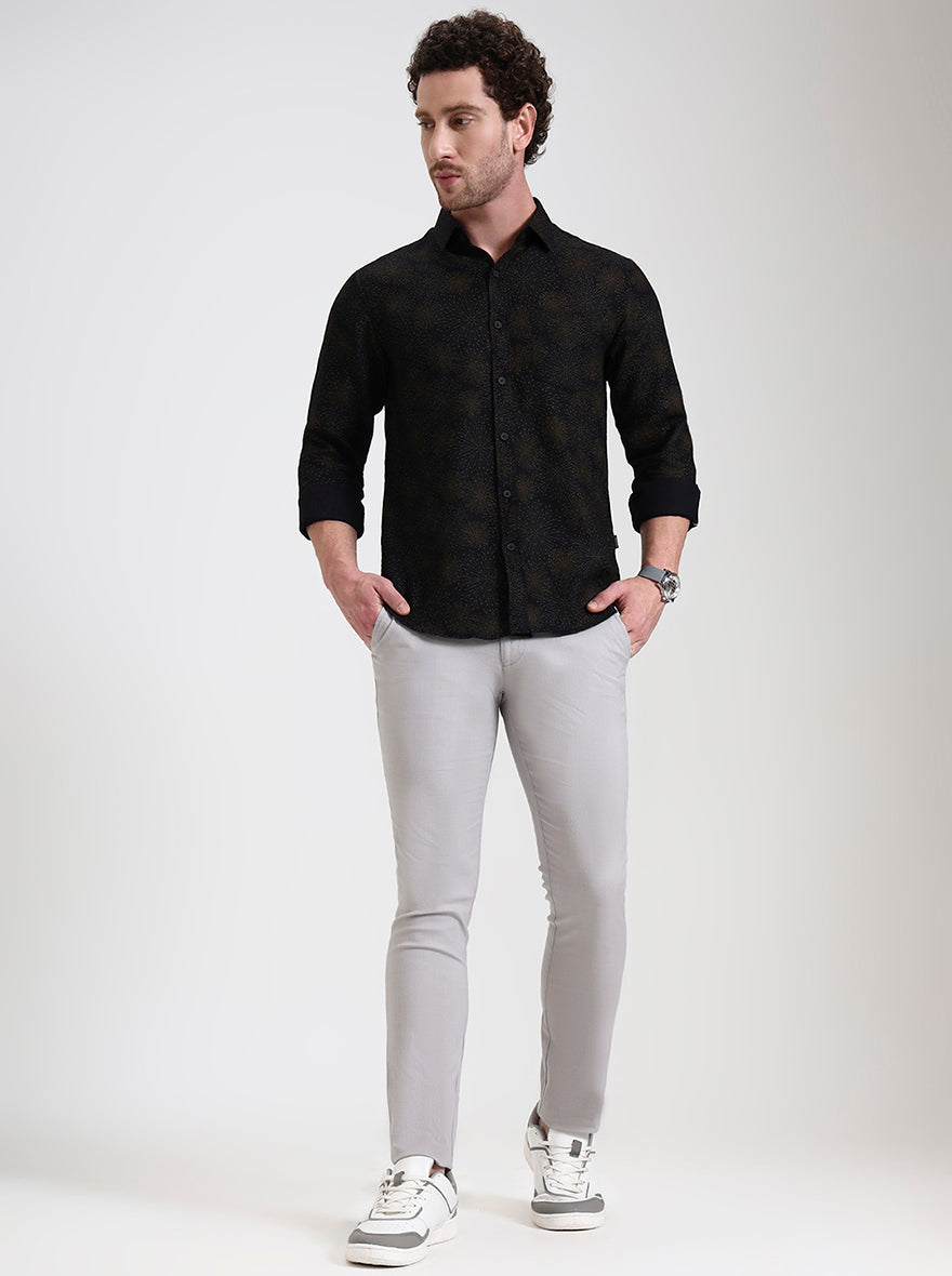 Light Grey Printed Super Slim Fit Casual Trouser | Greenfibre