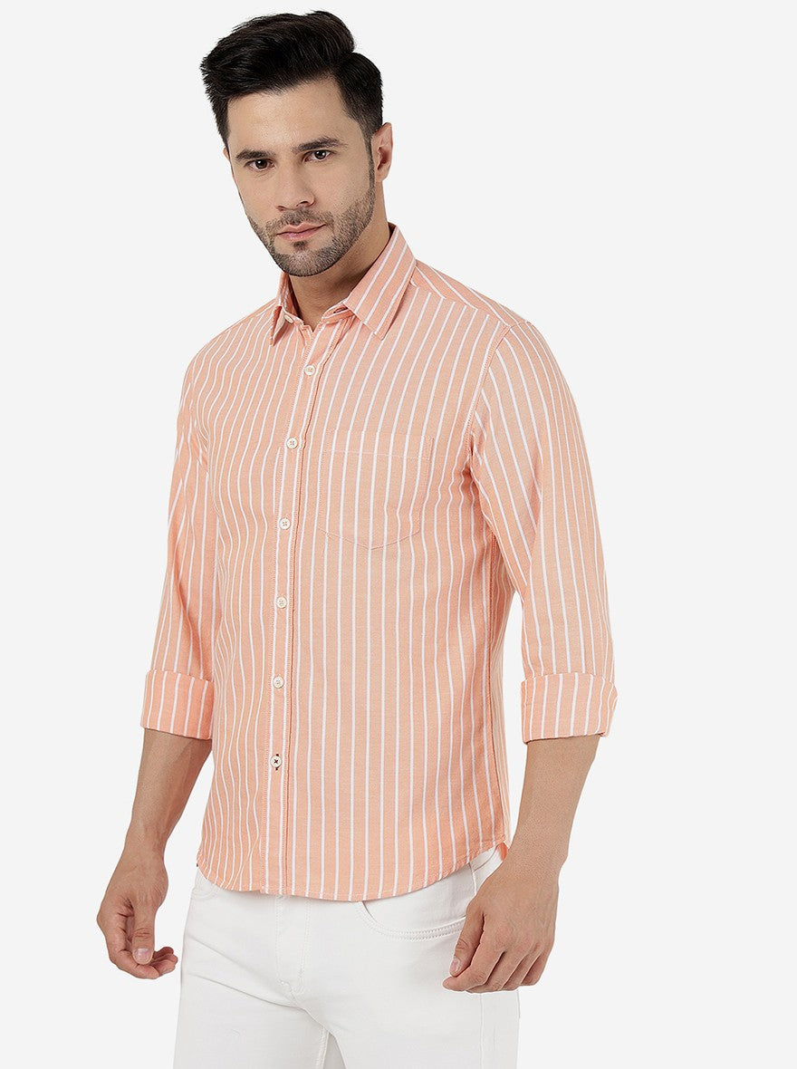 Orange Striped Slim Fit Casual Shirt | Greenfibre