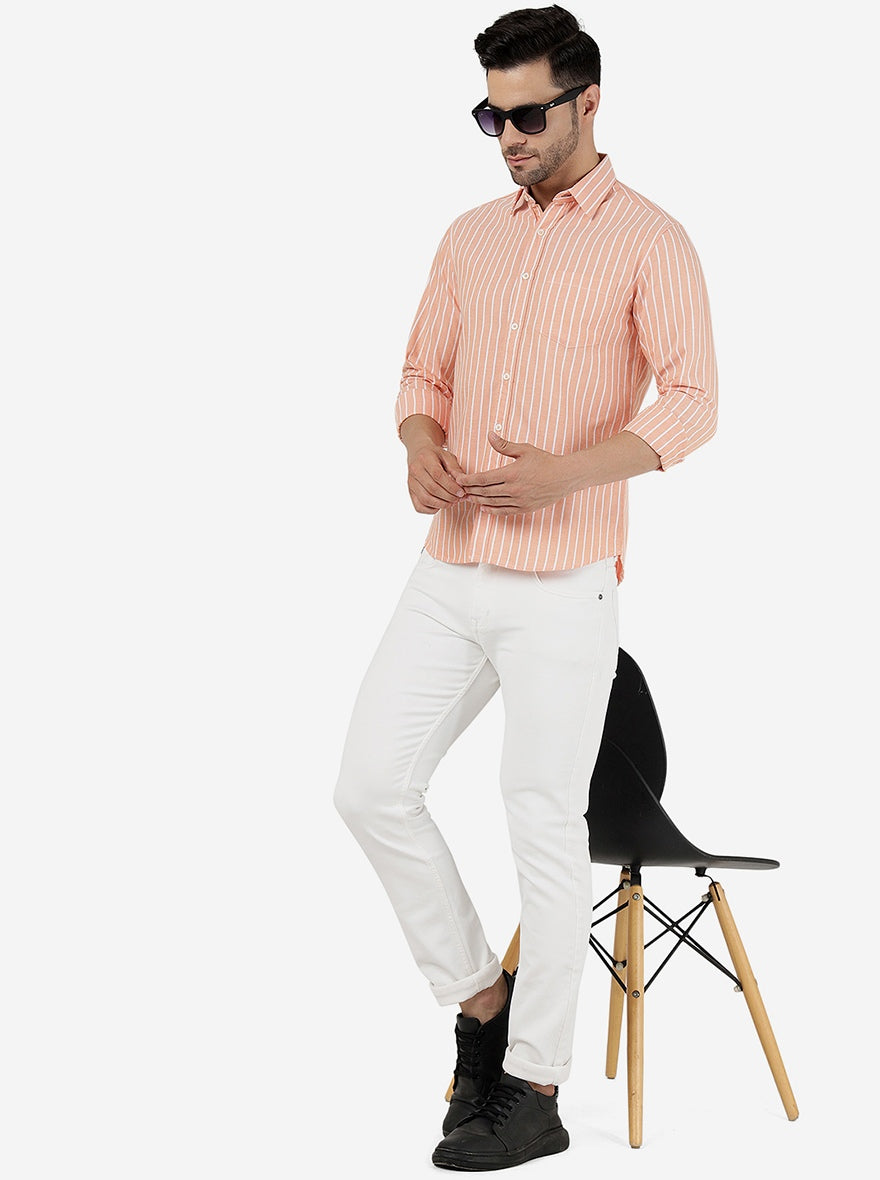 Orange Striped Slim Fit Casual Shirt | Greenfibre