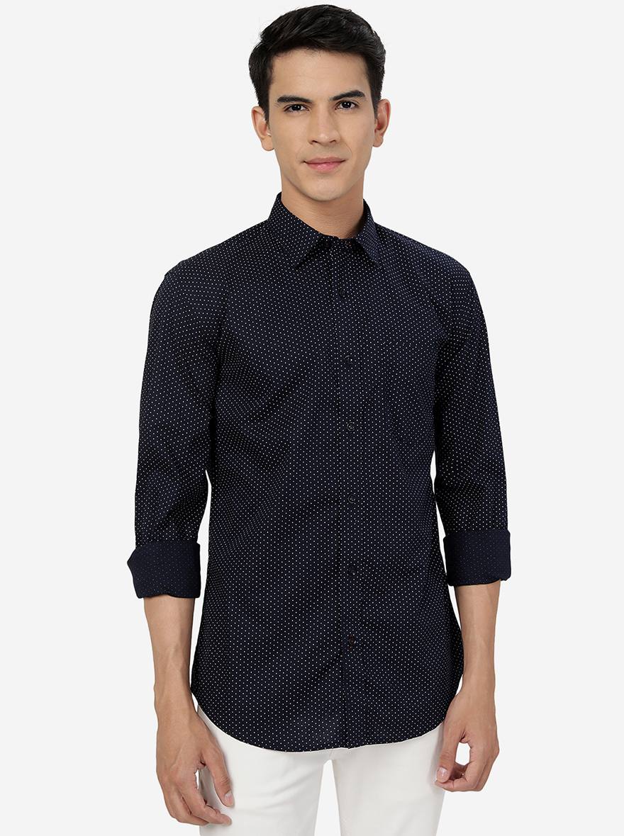 Navy Blue Printed Smart Fit Semi Casual Shirt | Greenfibre