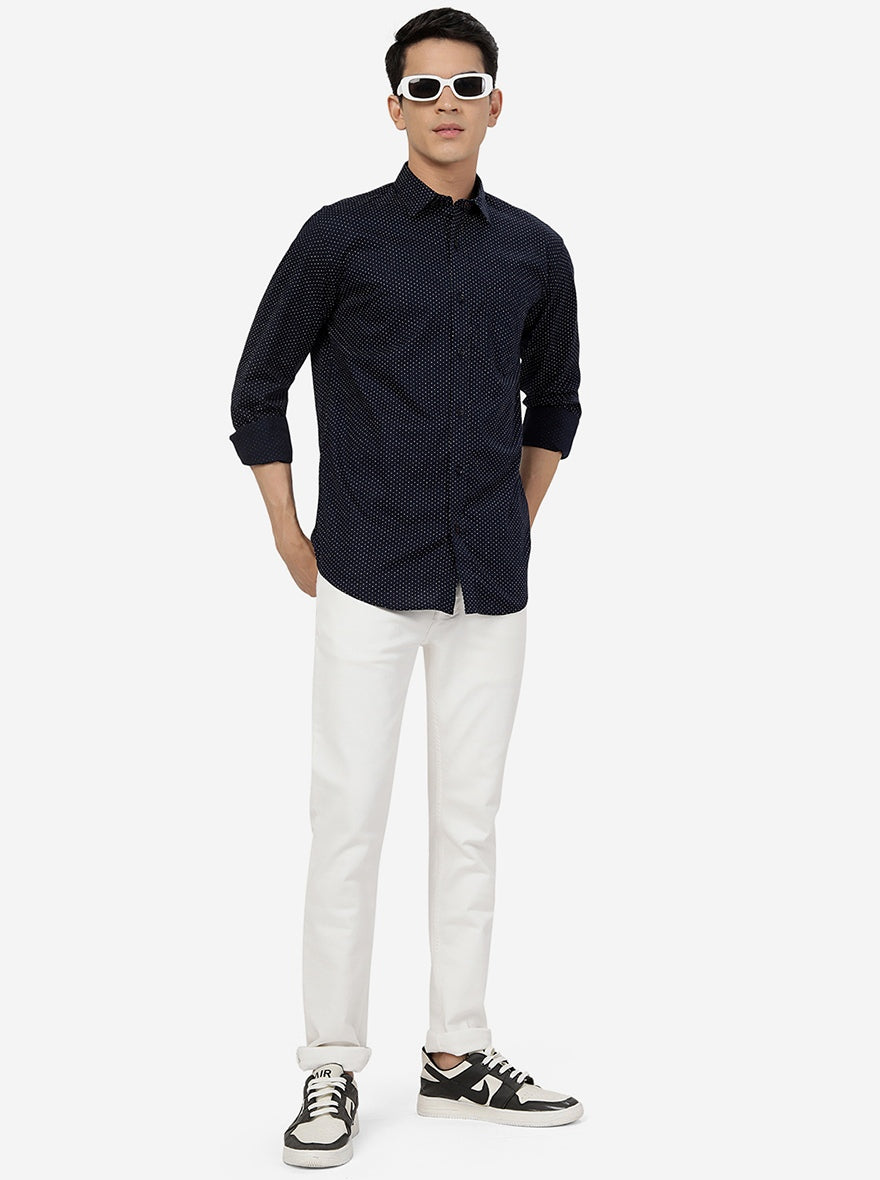 Navy Blue Printed Smart Fit Semi Casual Shirt | Greenfibre