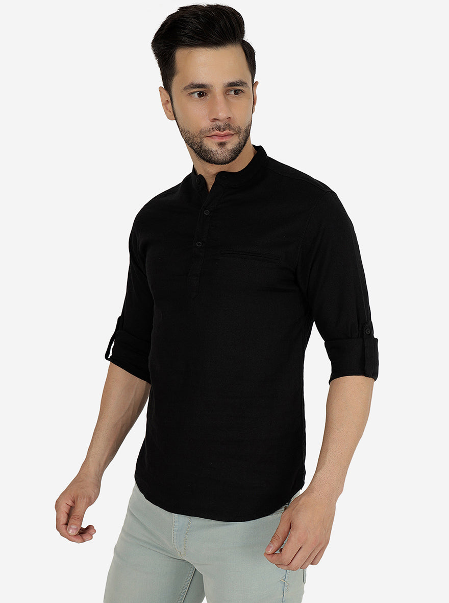 Black Solid Slim Fit Semi Casual Shirt | Greenfibre