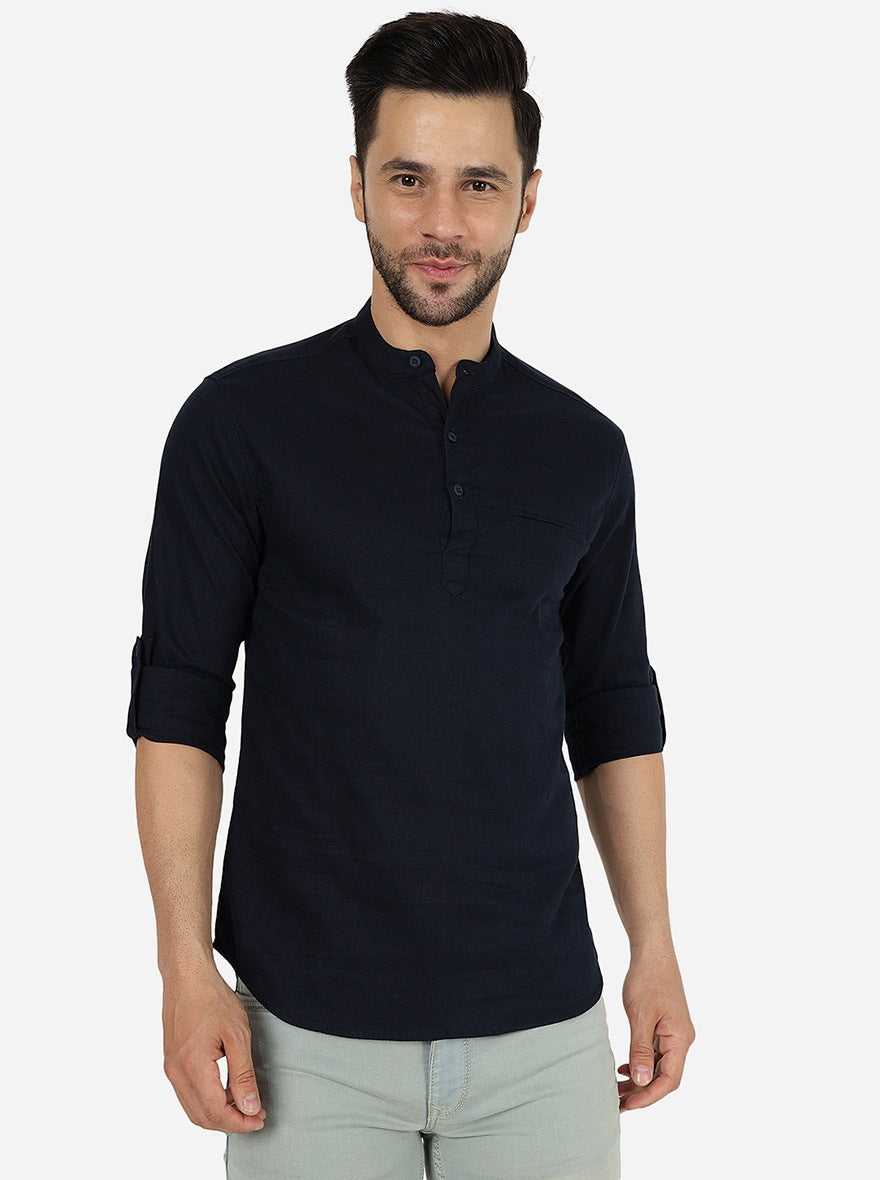 Navy Blue Solid Slim Fit Semi Casual Shirt | Greenfibre