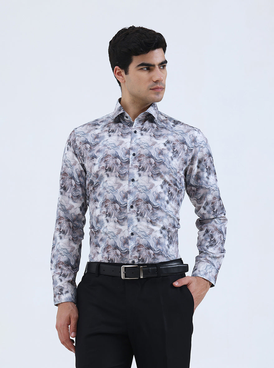 Cream & Brown Printed Slim Fit Party Wear Shirt | Greenfibre